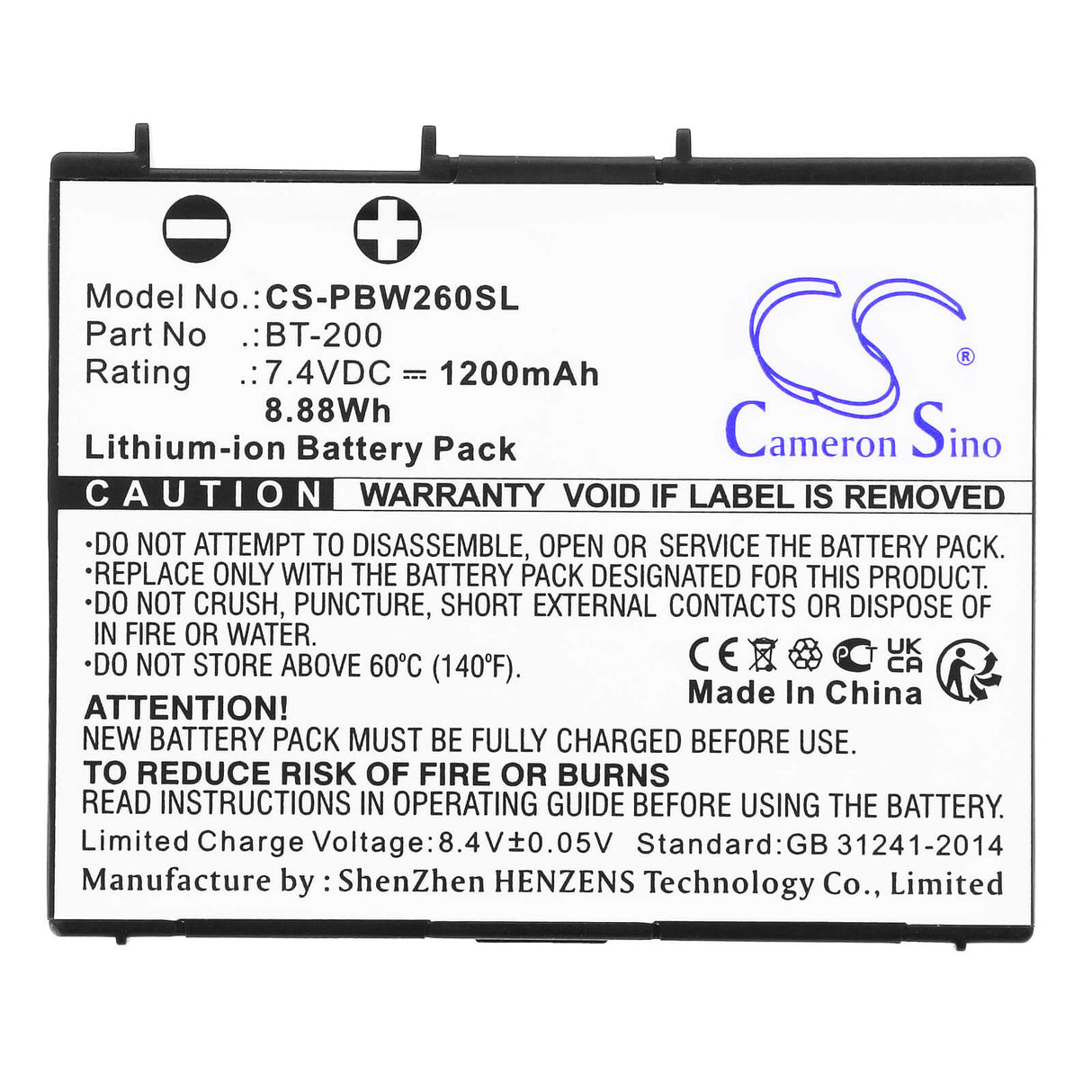 7.4V, Li-ion, 1200mAh, Portable Printer battery fits Brother, Bt-200, Mw-260, Mw-260 Mprint Portable Printer, 8.88Wh Portable Printer Cameron Sino Technology Limited