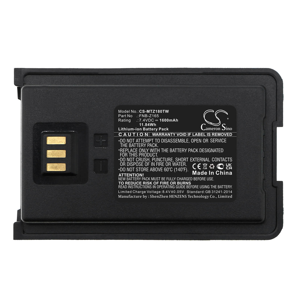 7.4V, Li-ion, 1600mAh, Two-Way Radio battery fits Motorola, Fnb-z165, Vz-10, Vz-12, 11.84Wh Two-Way Radio Cameron Sino Technology Limited