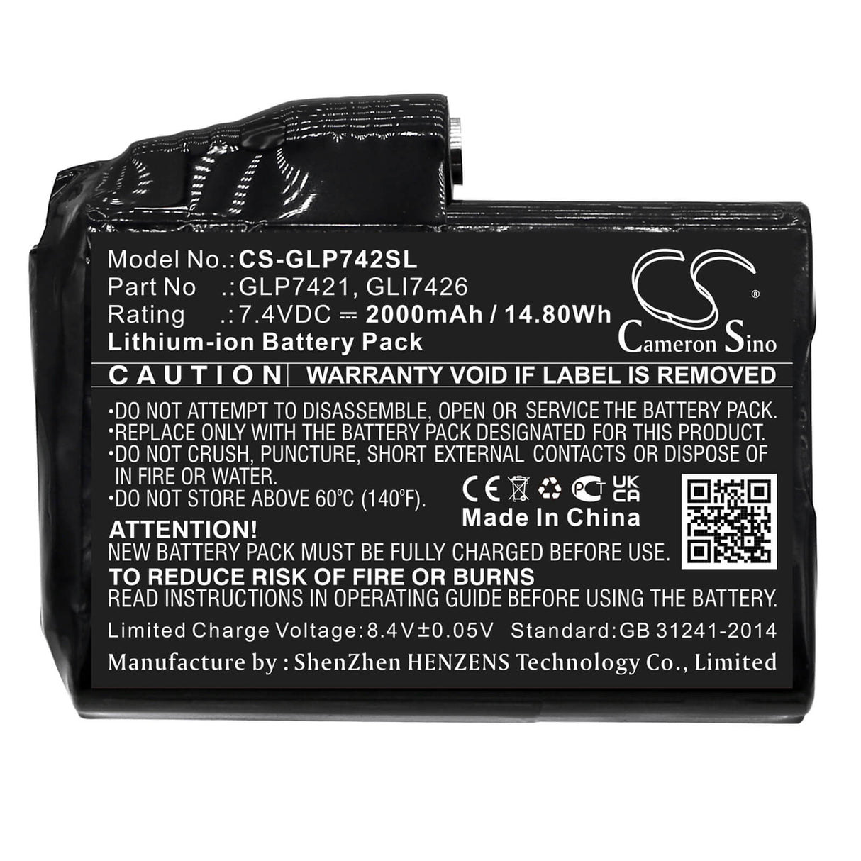 7.4V, Li-ion, 2000mAh, batterie pour vêtements chauffants compatible avec Glovii, Gli7426, Gj1, Gj1c, 14.8Wh Vêtements chauffants Cameron Sino Technology Limited