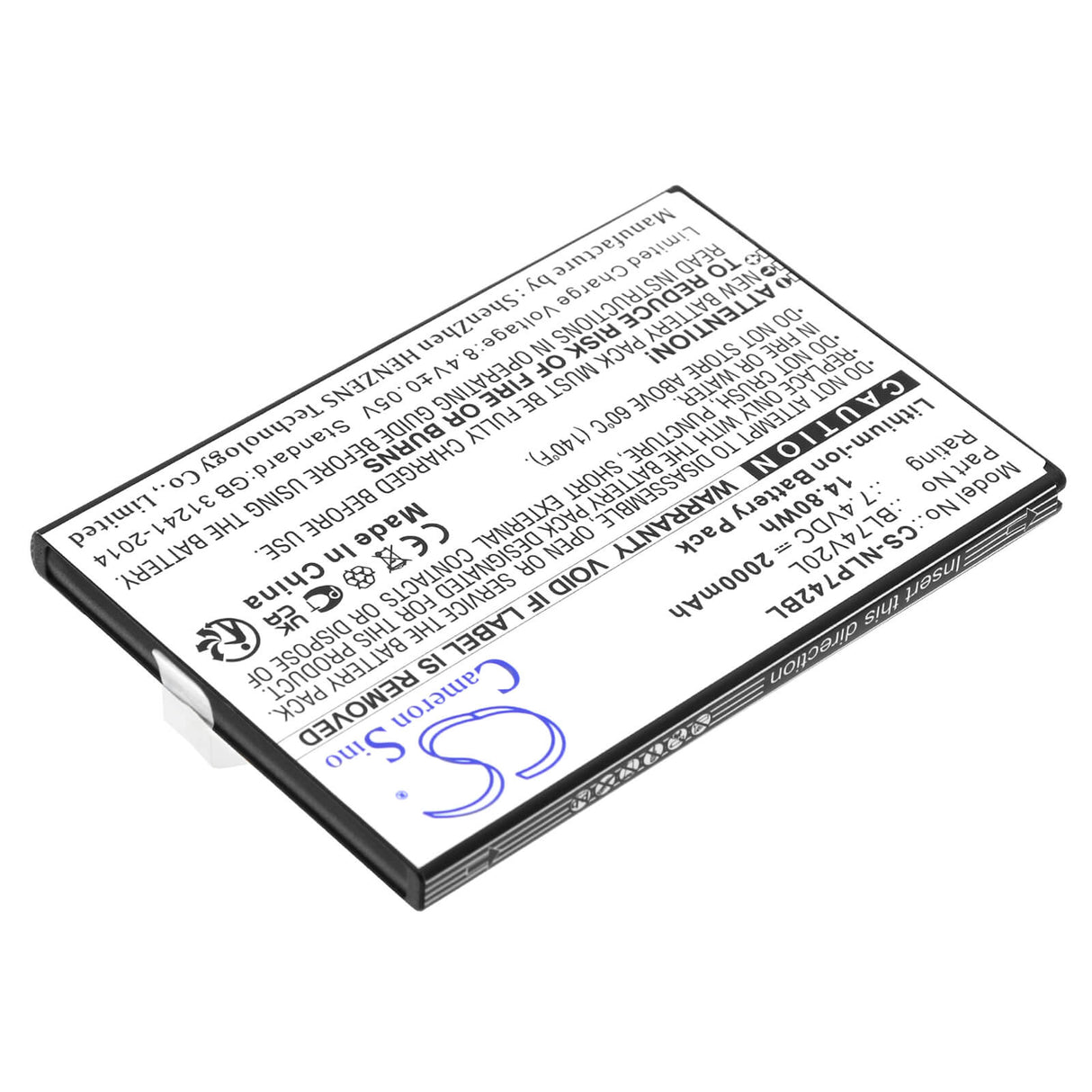 7.4V, Li-ion, 2000mAh, Batterie de terminal de paiement compatible avec Newland, Bl74v20l, N900, Sp600, 14.80Wh Terminal de paiement Cameron Sino Technology Limited
