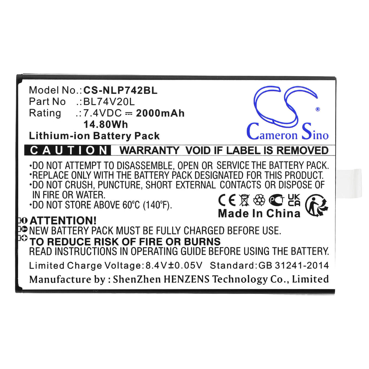 7.4V, Li-ion, 2000mAh, Batterie de terminal de paiement compatible avec Newland, Bl74v20l, N900, Sp600, 14.80Wh Terminal de paiement Cameron Sino Technology Limited