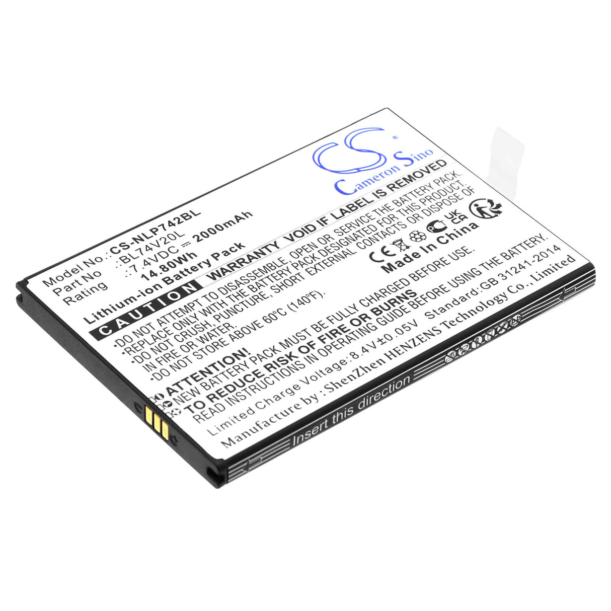 7.4V, Li-ion, 2000mAh, Batterie de terminal de paiement compatible avec Newland, Bl74v20l, N900, Sp600, 14.80Wh Terminal de paiement Cameron Sino Technology Limited
