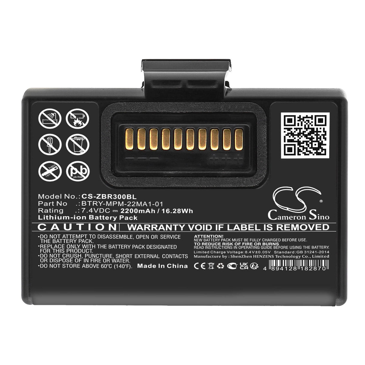 7.4V, Li-ion, 2200mAh, Portable Printer battery fits Zebra, Btry-mpm-22ma1-01, Za310, Zq300, 16.28Wh Portable Printer Cameron Sino Technology Limited