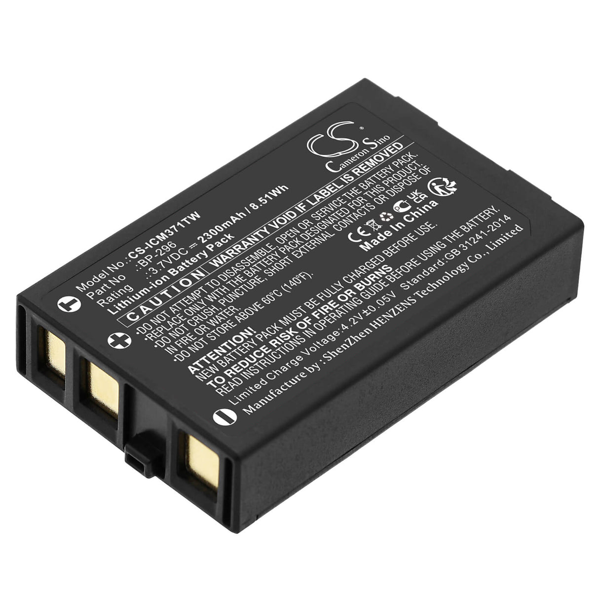 3.7V, Li-ion, 2300mAh, Two-Way Radio battery fits Icom, Bp-296, Ic-m37, Ic-m37e, 8.51Wh Two-Way Radio Cameron Sino Technology Limited