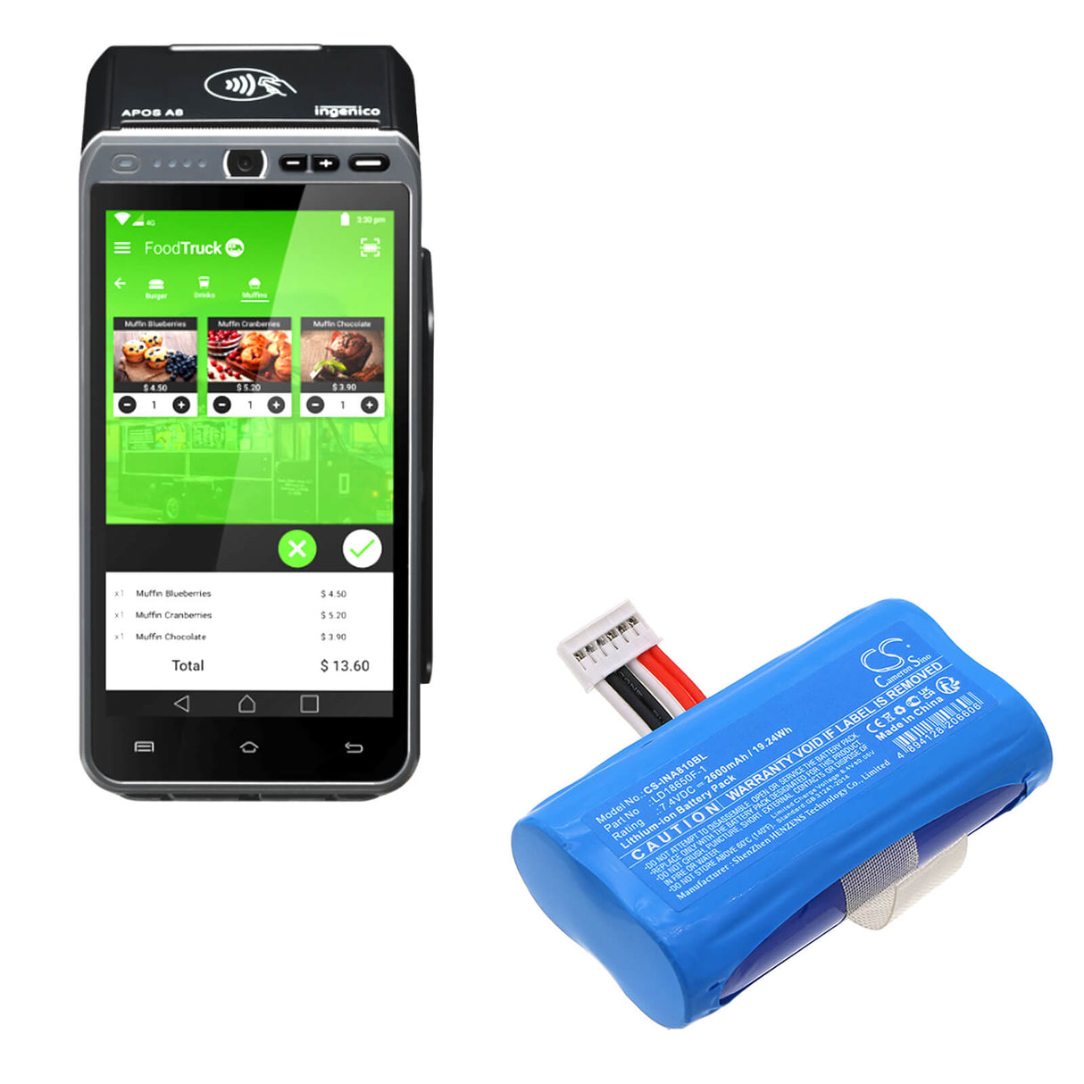 7.4V, Li-ion, 2600mAh, Payment Terminal battery fits Ingenico, Landi, Ld18650f-1, A8 Pro, A8 Pro-92d3, 19.24Wh Payment Terminal Cameron Sino Technology Limited