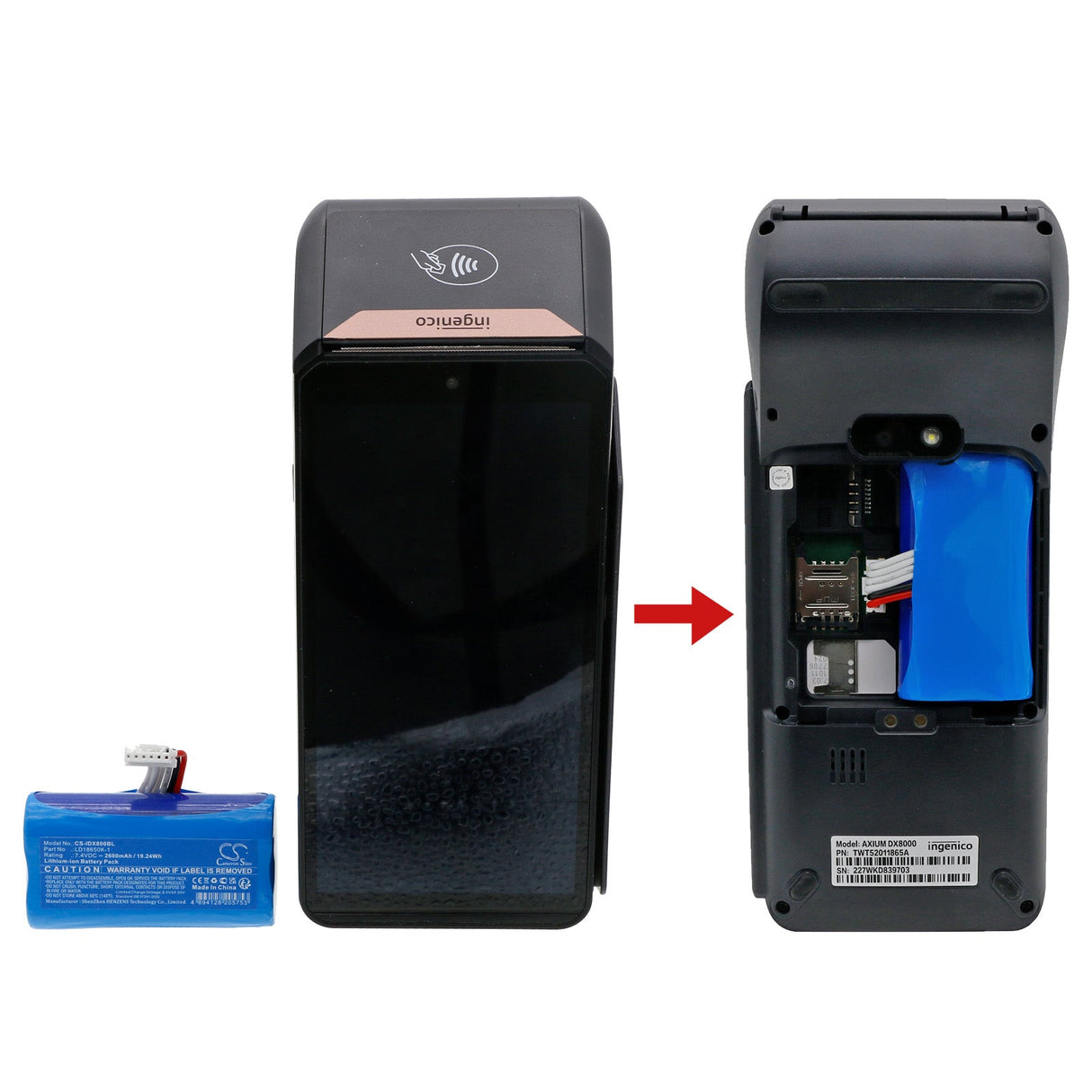7,4V, Li-ion, 2600mAh, Batterie de terminal de paiement compatible avec Ingenico, Ld18650k-1, Axium Dx4000, Axium Dx8000, 19,24Wh Terminal de paiement Cameron Sino Technology Limited
