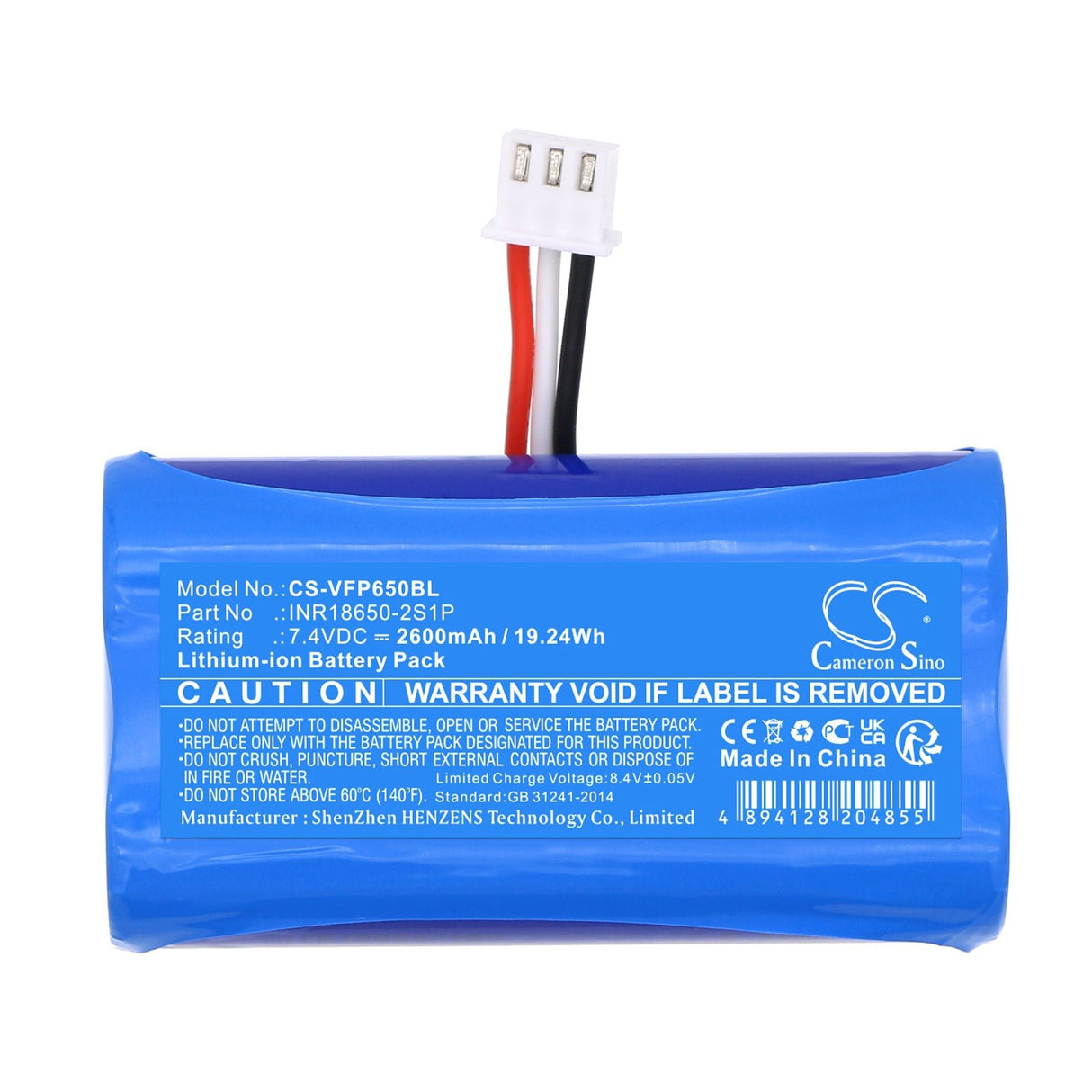7.4V, Li-ion, 2600mAh, Payment Terminal battery fits Verifone, Inr18650-2s1p, T650p, 19.24Wh Payment Terminal Cameron Sino Technology Limited