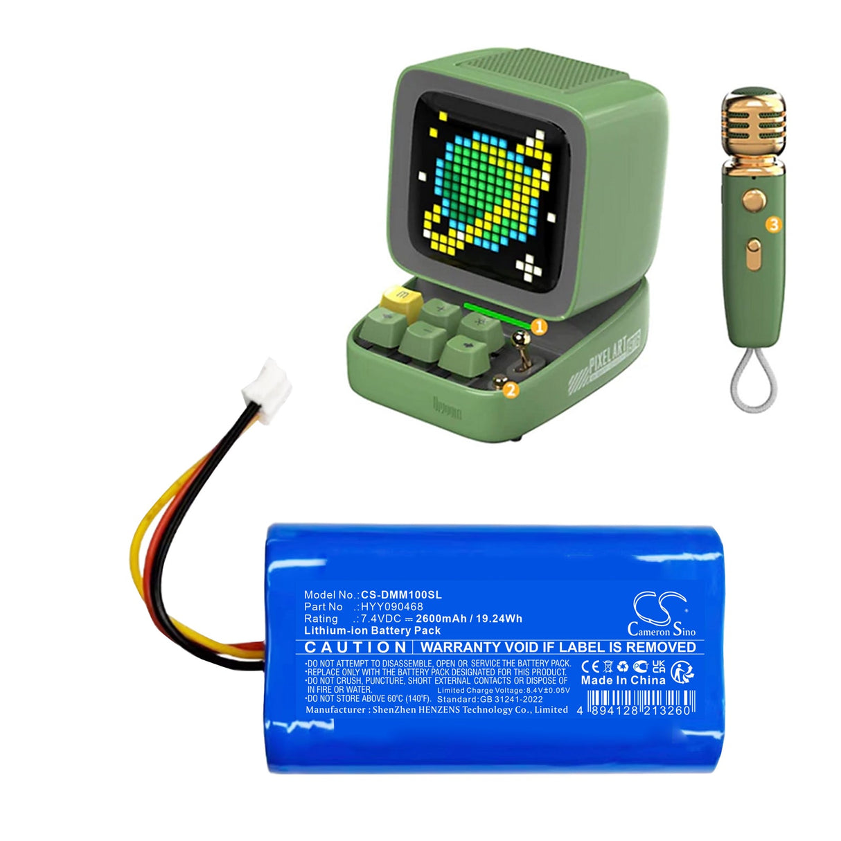 7.4V, Li-ion, 2600mAh, Batterie de haut-parleur compatible avec Divoom, Ditoomic, 19.24Wh Haut-parleur Cameron Sino Technology Limited