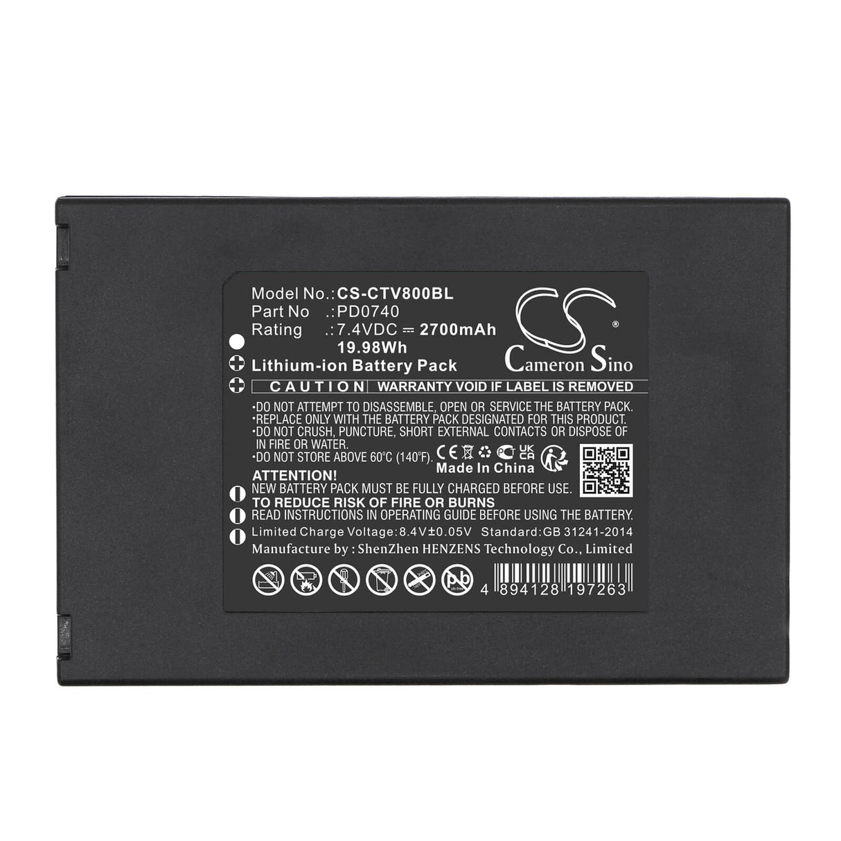 7,4V, Li-ion, 2700mAh, batterie de terminal de paiement compatible avec Centerm, Pd0740, K9, V8, 19,98Wh Terminal de paiement Cameron Sino Technology Limited