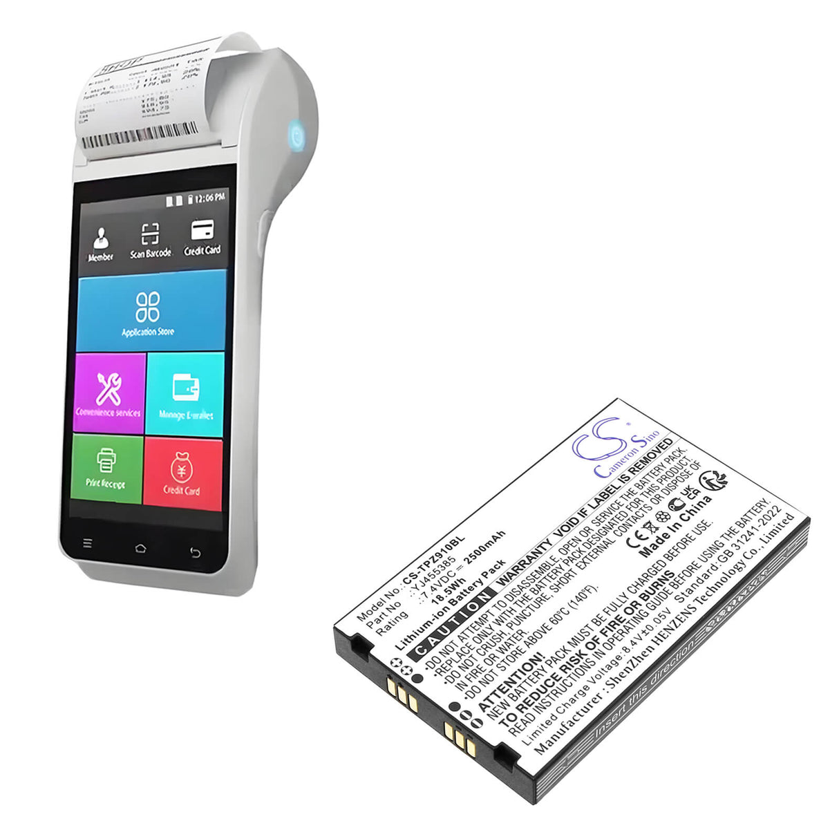 7.4V, Li-ion, 2800mAh, Batterie de terminal de paiement compatible avec Topwise, Yj455385, Z91, 20.72Wh Terminal de paiement Cameron Sino Technology Limited