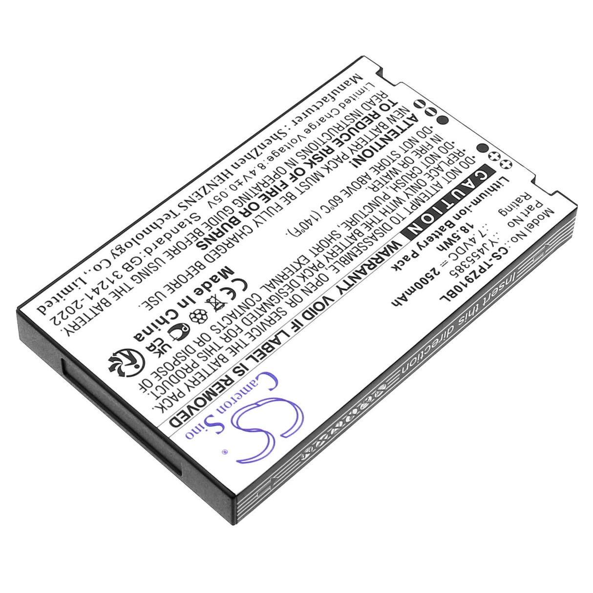 7.4V, Li-ion, 2800mAh, Batterie de terminal de paiement compatible avec Topwise, Yj455385, Z91, 20.72Wh Terminal de paiement Cameron Sino Technology Limited