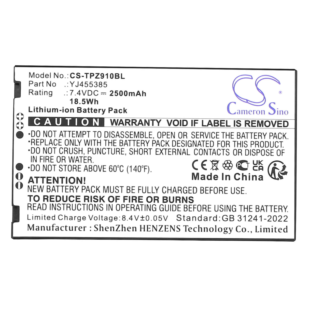 7.4V, Li-ion, 2800mAh, Batterie de terminal de paiement compatible avec Topwise, Yj455385, Z91, 20.72Wh Terminal de paiement Cameron Sino Technology Limited