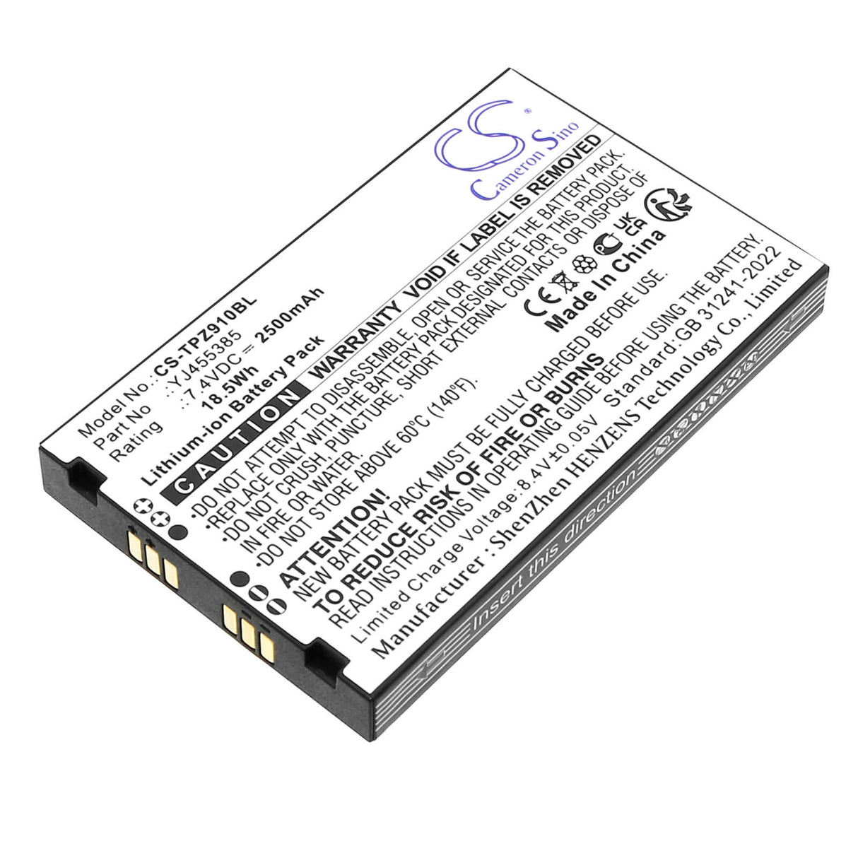 7.4V, Li-ion, 2800mAh, Batterie de terminal de paiement compatible avec Topwise, Yj455385, Z91, 20.72Wh Terminal de paiement Cameron Sino Technology Limited