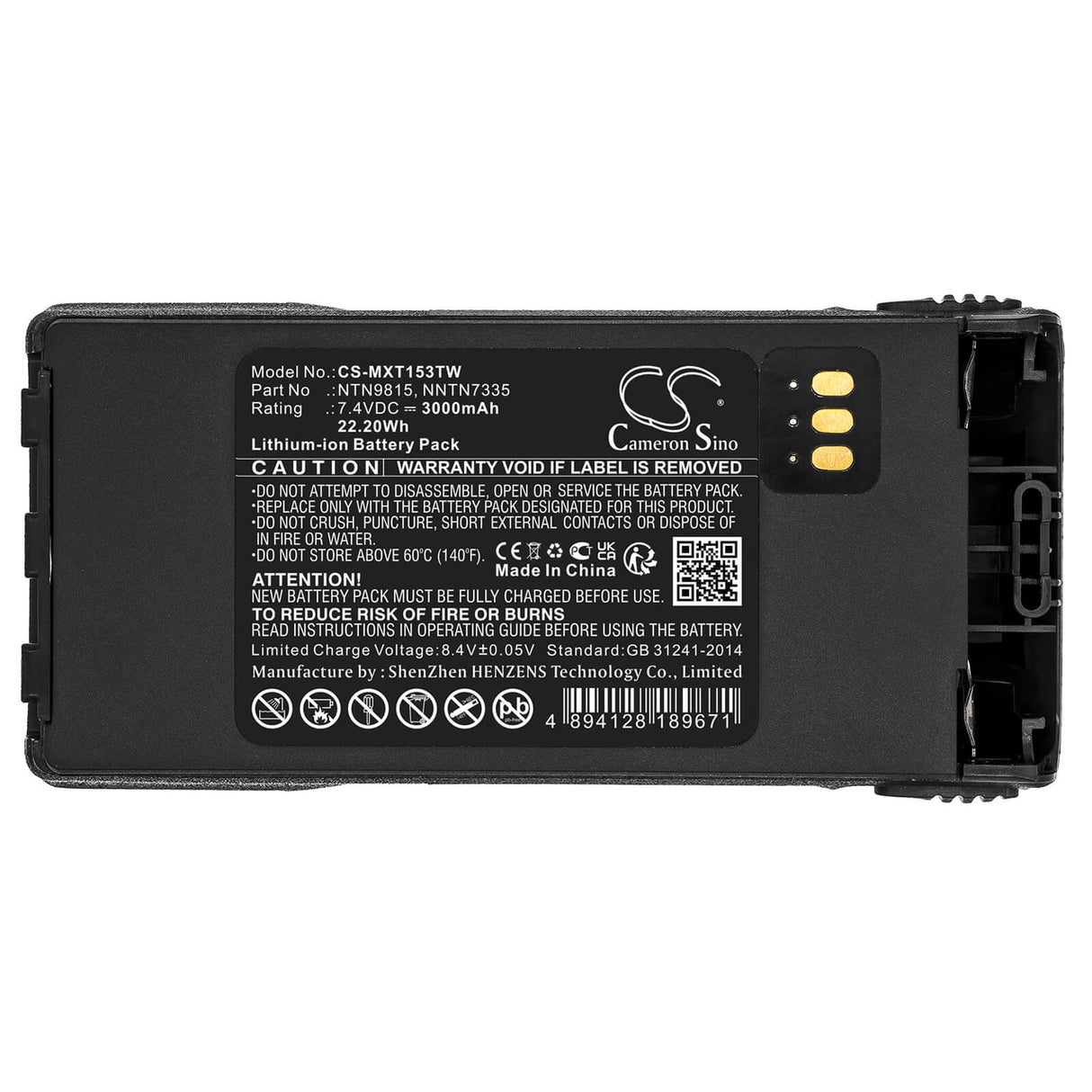 7.4V, Li-ion, 3000mAh, Two-Way Radio battery fits Motorola, Hnn9815, Mt1500, Nt1500, 22.2Wh Two-Way Radio Cameron Sino Technology Limited