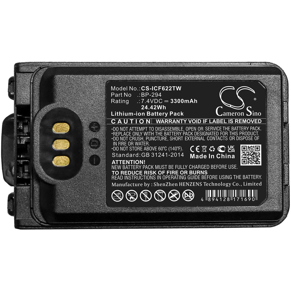 7.4V, Li-ion, 3300mAh, Two-Way Radio battery fits Icom, Bp-294, Ic-f52d, Ic-f62d, 24.42Wh Two-Way Radio Cameron Sino Technology Limited