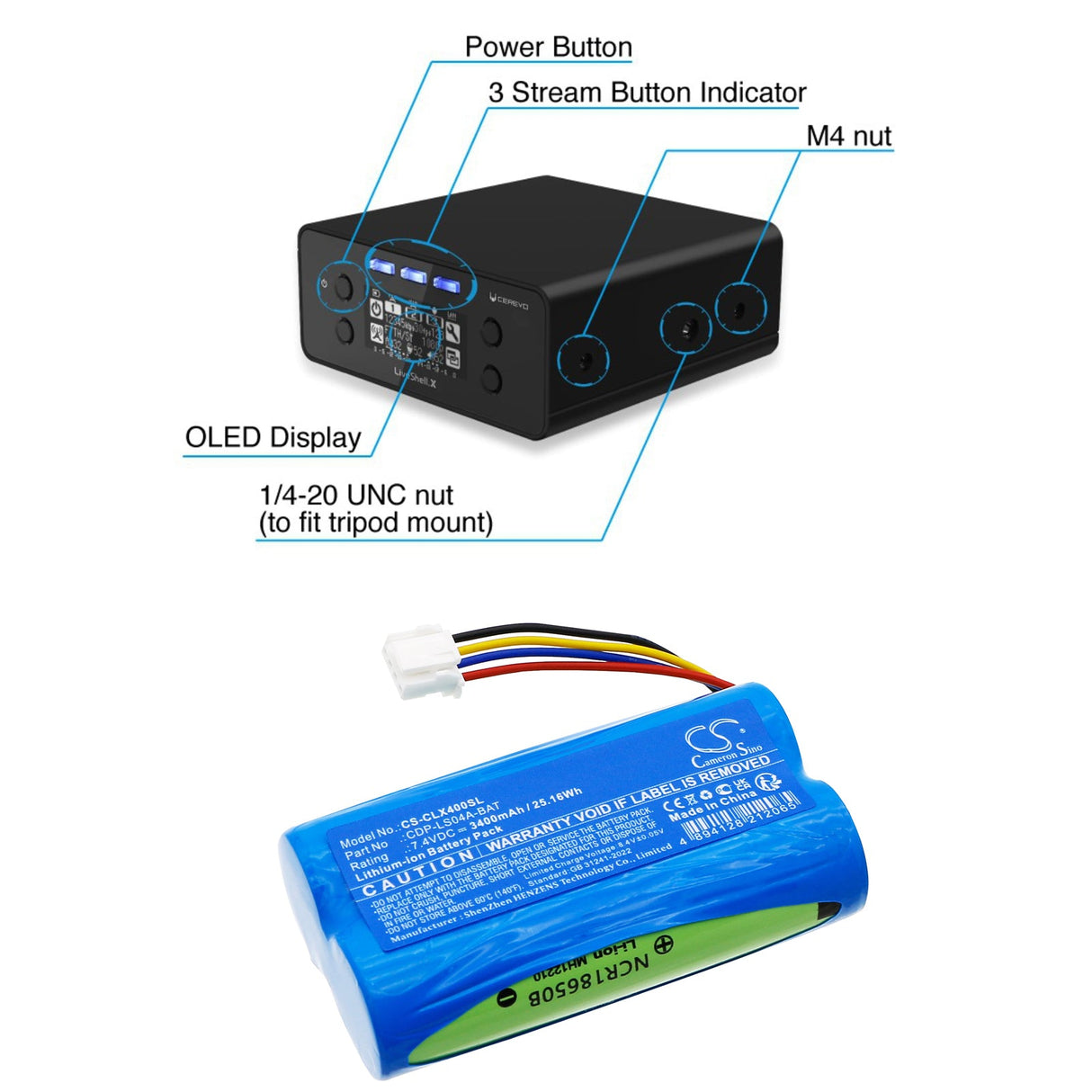 7.4V, Li-ion, 3400mAh, Batterie pour émetteurs et récepteurs compatible avec Cerevo, Liveshell X Encoder, 25.16Wh Émetteurs et récepteurs Cameron Sino Technology Limited