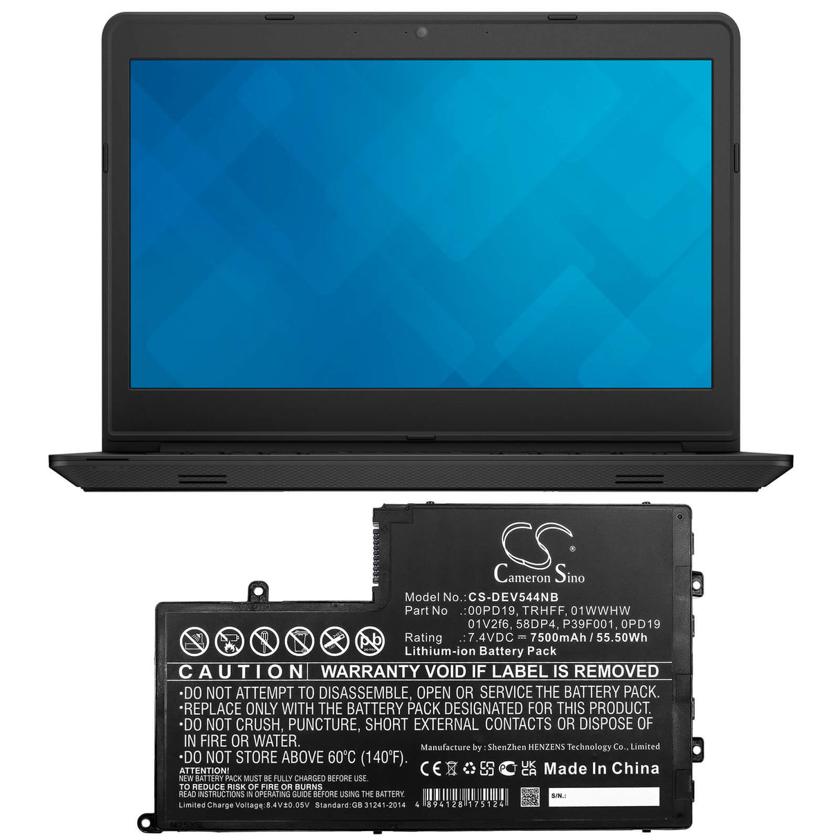 7.4v, Li-ion, 7500mah, Battery Fits Dell, Dl011307-prr13g01, Ins14md-1328r, 55.50wh Notebook, Laptop Cameron Sino Technology Limited