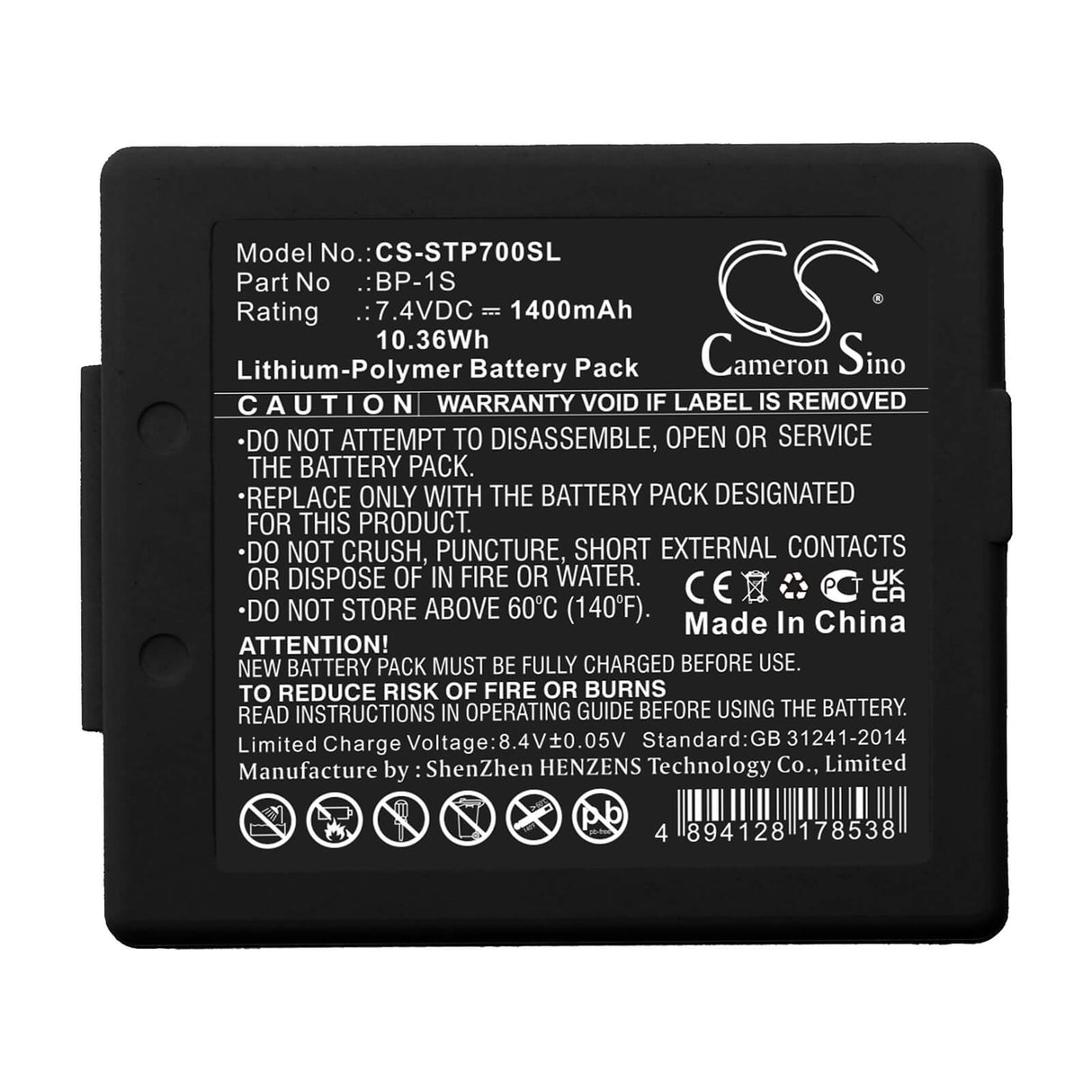 7.4V, Li-Polymer, 1400mAh, Batterie d'équipement compatible avec Stonex, Bp-1s, P7 Controller, S3, 10.36Wh Équipement, Enquête, Test Cameron Sino Technology Limited
