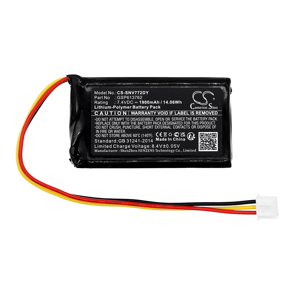 7.4V, Li-Polymer, 1900mAh, batterie de lecteur DVD compatible avec Sencor, Gsp613762, Spv7721, Spv-7721t, 14.06Wh Lecteur DVD Cameron Sino Technology Limited