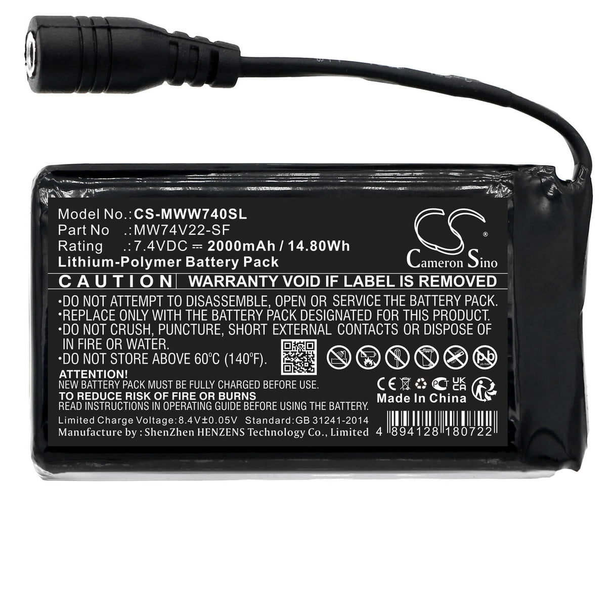 7.4V, Li-Polymer, 2000mAh, Heated Clothes battery fits Mobile Warming, Mw74v22-sf, Baselayers, Ion Base Layer Pants, 14.8Wh Heated Clothes Cameron Sino Technology Limited
