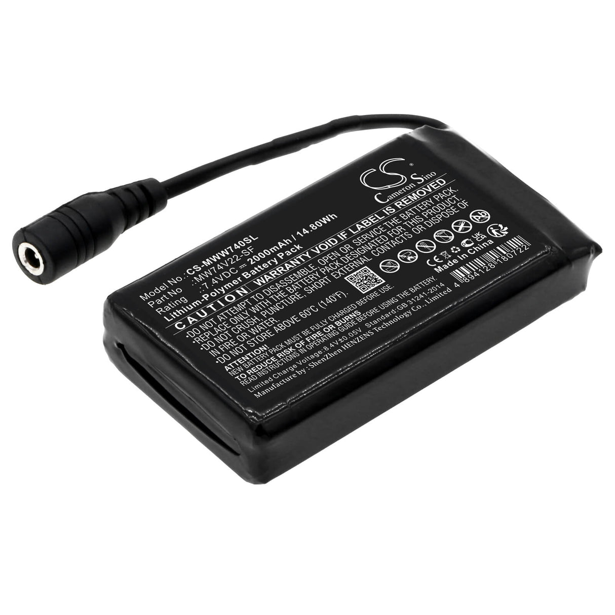 7.4V, Li-Polymer, 2000mAh, Heated Clothes battery fits Mobile Warming, Mw74v22-sf, Baselayers, Ion Base Layer Pants, 14.8Wh Heated Clothes Cameron Sino Technology Limited