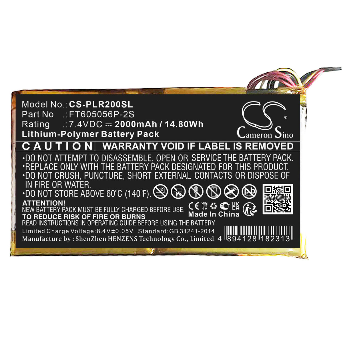 7.4V, Li-Polymer, 2000mAh, Batterie d'imprimante photo compatible avec Polaroid, Ft605056p-2s, Polpol1pk, Pop, 14.8Wh Imprimante photo Cameron Sino Technology Limited
