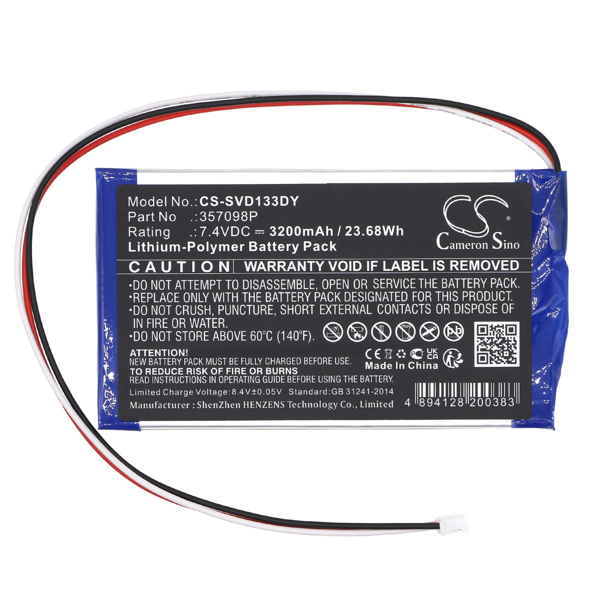 7.4V, Li-Polymère, 3200mAh, Batterie de Lecteur DVD compatible avec Sylvania, Sdvd1332, Sdvd1332-b, 23.68Wh Lecteur DVD Cameron Sino Technology Limited
