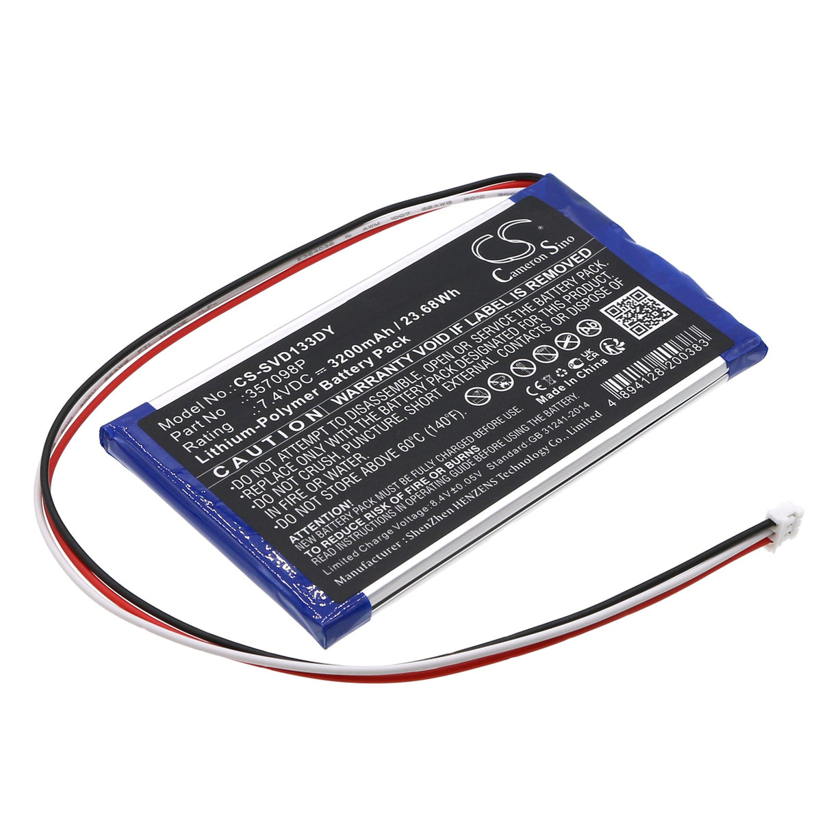7.4V, Li-Polymère, 3200mAh, Batterie de Lecteur DVD compatible avec Sylvania, Sdvd1332, Sdvd1332-b, 23.68Wh Lecteur DVD Cameron Sino Technology Limited