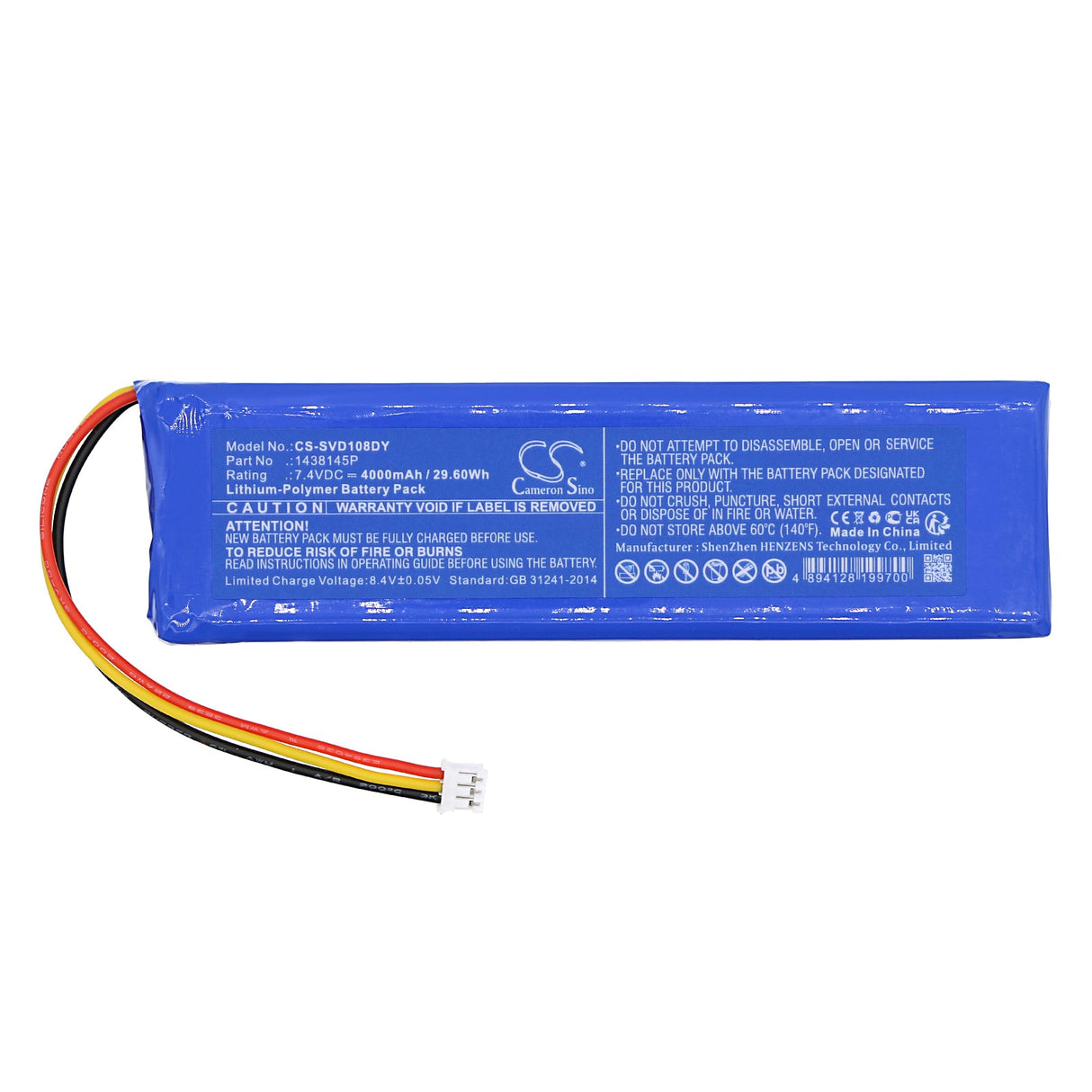 7.4V, Li-Polymer, 4000mAh, Batterie de lecteur DVD compatible avec Sylvania, Lecteur Blu-ray Sdvd1087, 29.60Wh Lecteur DVD Cameron Sino Technology Limited