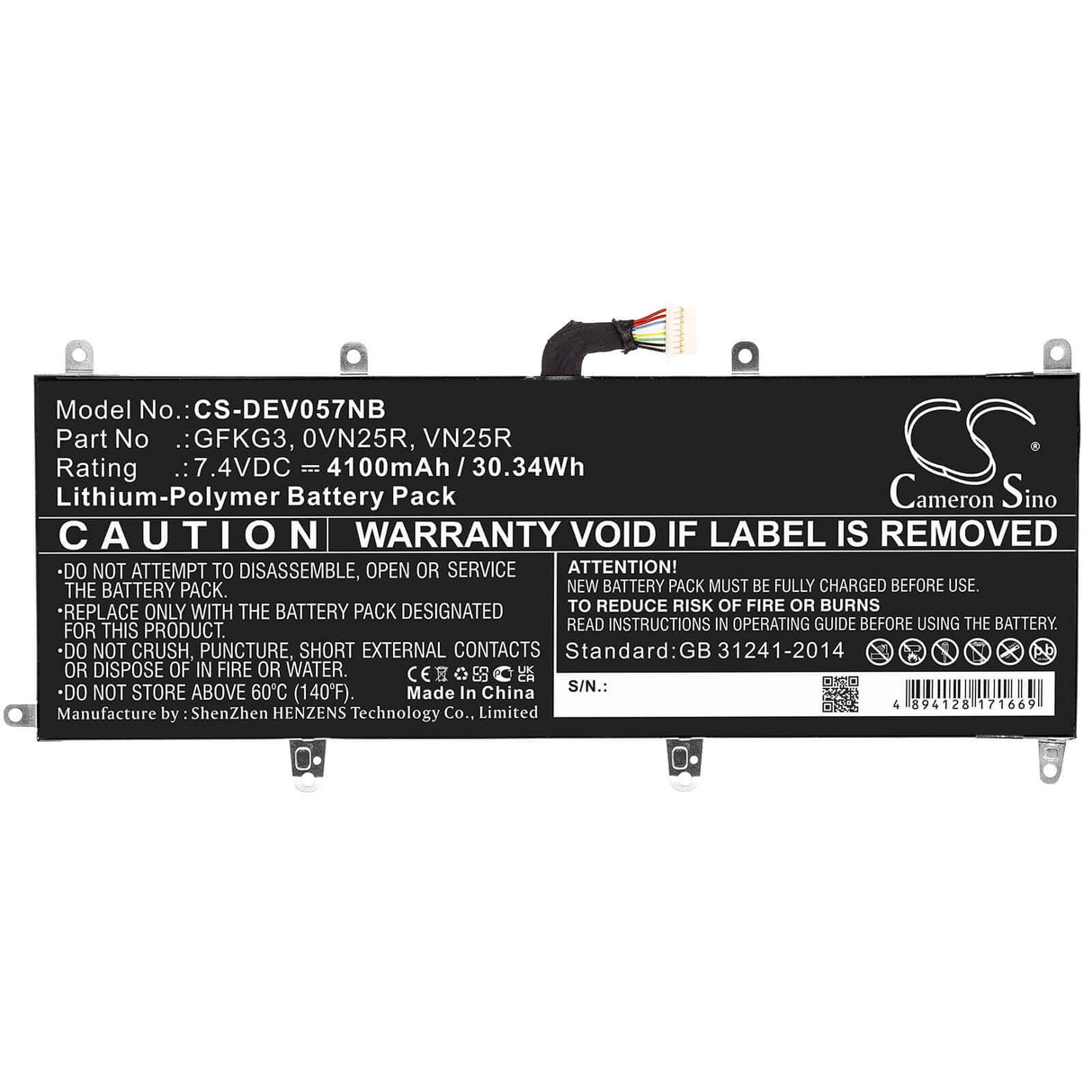 7.4v, Li-polymer, 4100mah, Battery Fit's Dell, Venue 10 Pro, Venue 10 Pro 5056, 30.34wh Notebook, Laptop Cameron Sino Technology Limited
