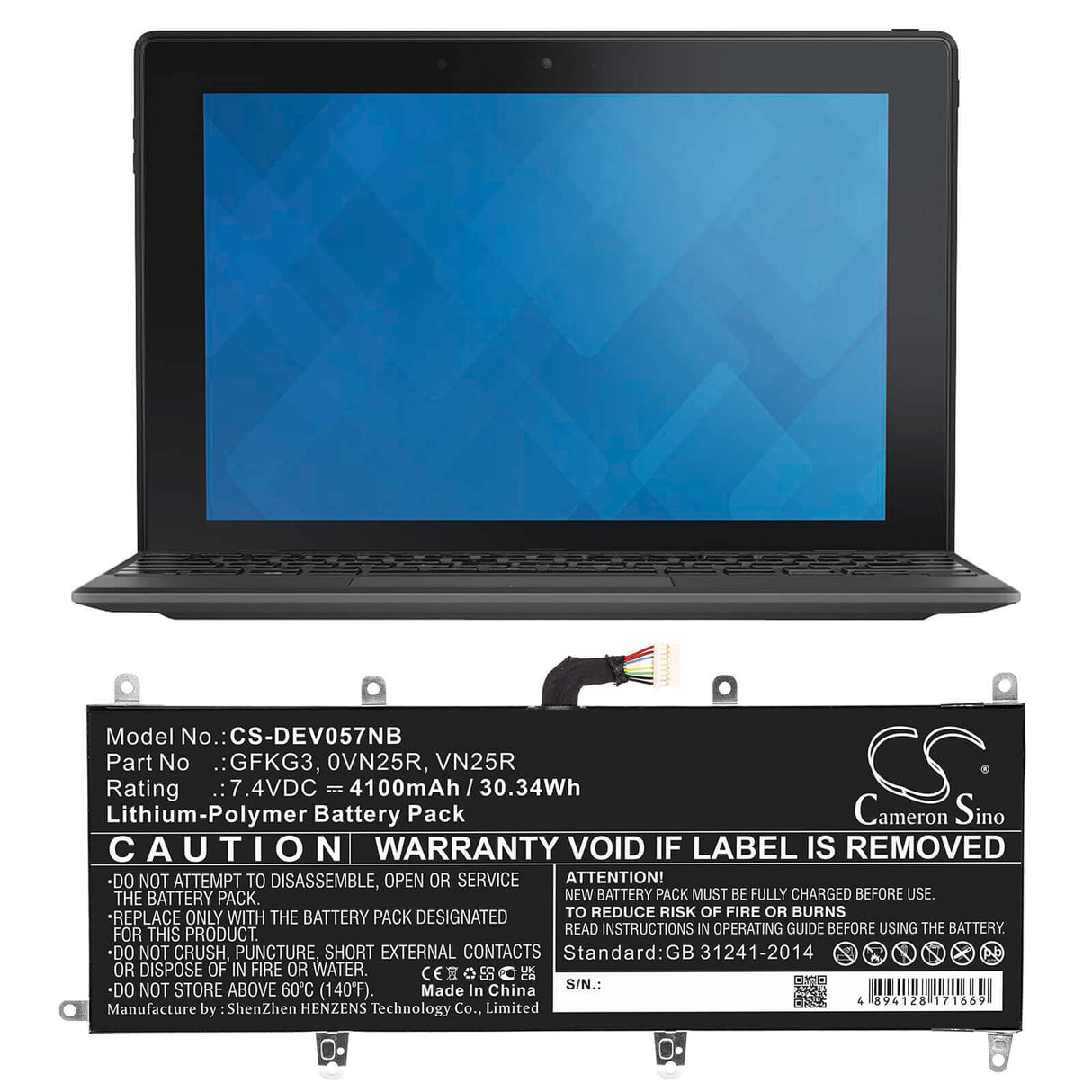 7.4v, Li-polymer, 4100mah, Battery Fit's Dell, Venue 10 Pro, Venue 10 Pro 5056, 30.34wh Notebook, Laptop Cameron Sino Technology Limited