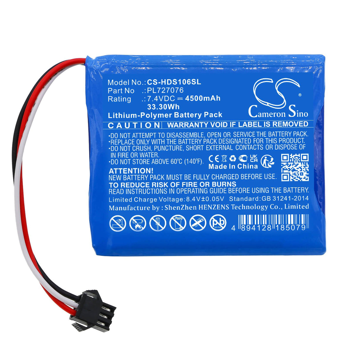 7,4V, Li-Polymer, 4500mAh, Batterie d'équipement compatible avec Hantek, Pl727076, DSO-1062B, Dso-1202b, 33,3Wh Équipement, Enquête, Test Cameron Sino Technology Limited