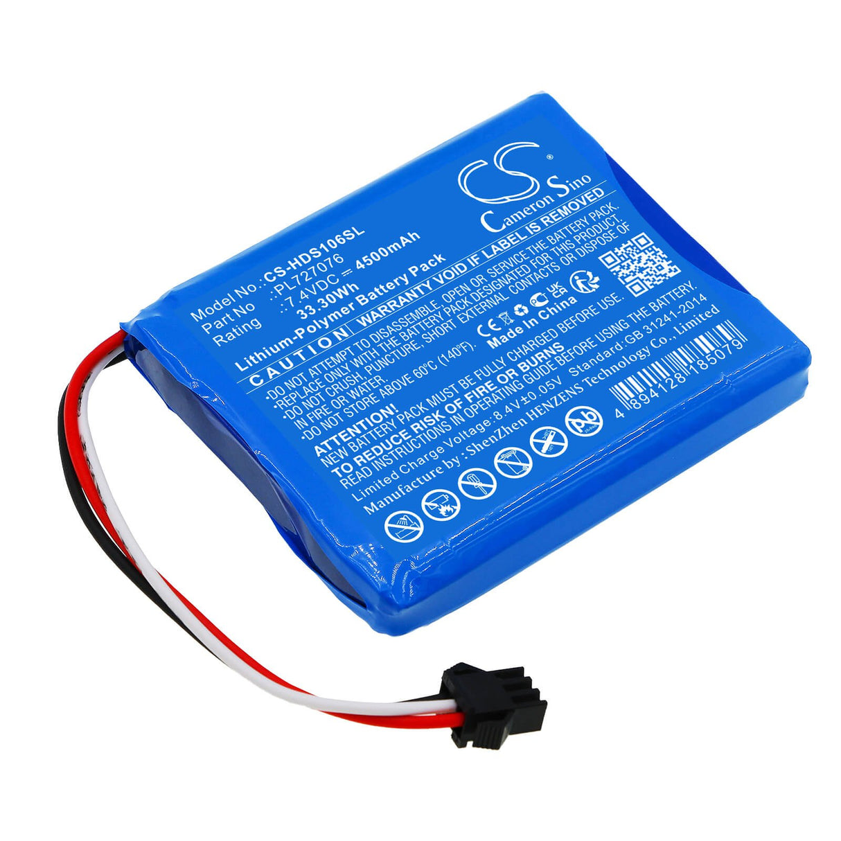7,4V, Li-Polymer, 4500mAh, Batterie d'équipement compatible avec Hantek, Pl727076, DSO-1062B, Dso-1202b, 33,3Wh Équipement, Enquête, Test Cameron Sino Technology Limited
