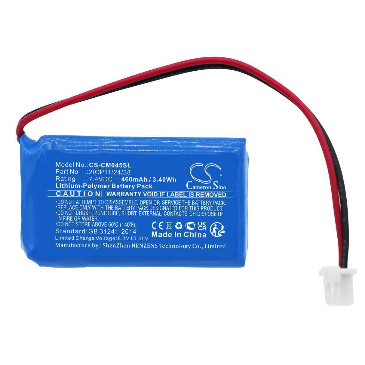 7.4V, Li-Polymer, 460mAh, Pack de Batterie convient aux Packs de Batteries Personnalisés, 2icp11/24/38, 3.404Wh Pack de Batterie Cameron Sino Technology Limited