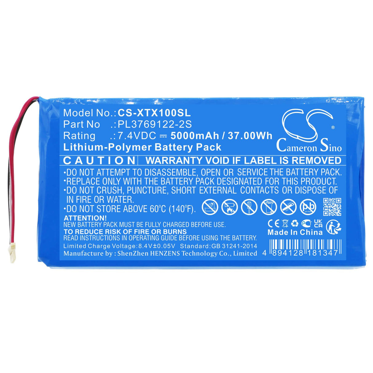 7.4V, Li-Polymer, 5000mAh, Diagnostic Scanner battery fits Xtool, Pl3769122-2s, X100 Pad 2, X100 Pad 2 Pro, 37Wh Diagnostic Scanner Cameron Sino Technology Limited
