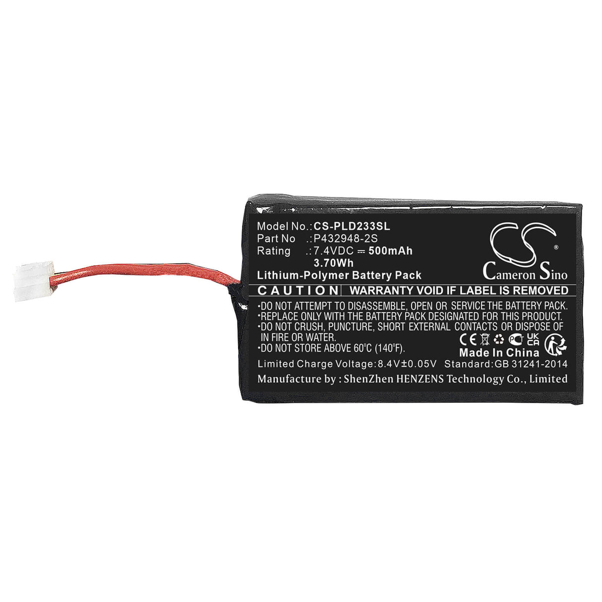 7.4V, Li-Polymer, 500mAh, batterie pour imprimante photo compatible avec Lg, P432948-2s, Pd233, Pd239, 3.7Wh Imprimante photo Cameron Sino Technology Limited