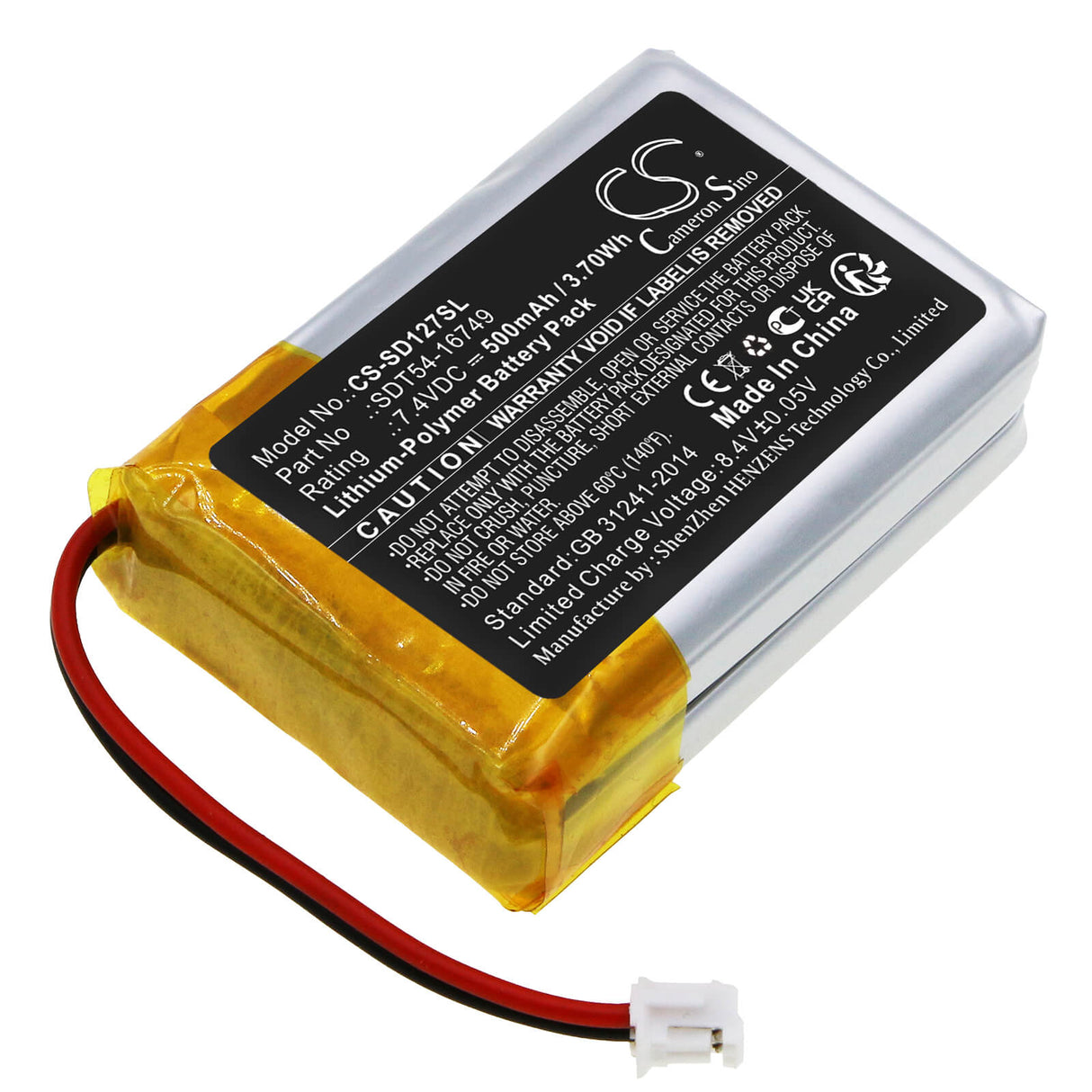 7.4V, Li-Polymer, 500mAh, Dog Collar battery fits Sportdog, Sdt54-16749, Sd-1275, Sd-1275e, 3.7Wh Dog Collar Cameron Sino Technology Limited