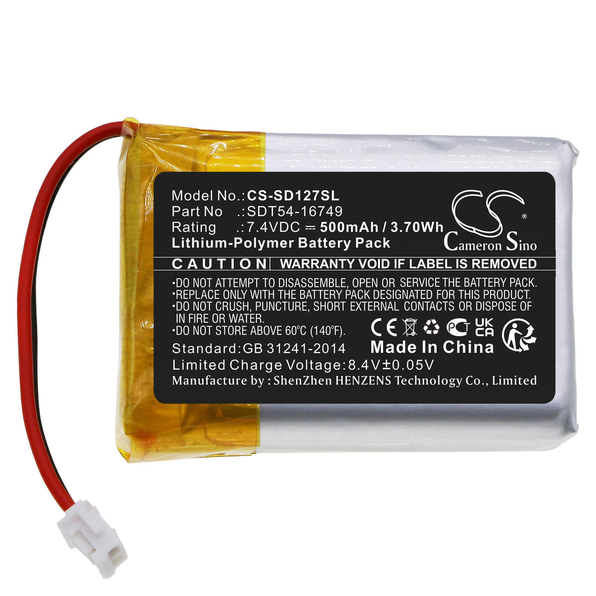 7.4V, Li-Polymer, 500mAh, Dog Collar battery fits Sportdog, Sdt54-16749, Sd-1275, Sd-1275e, 3.7Wh Dog Collar Cameron Sino Technology Limited