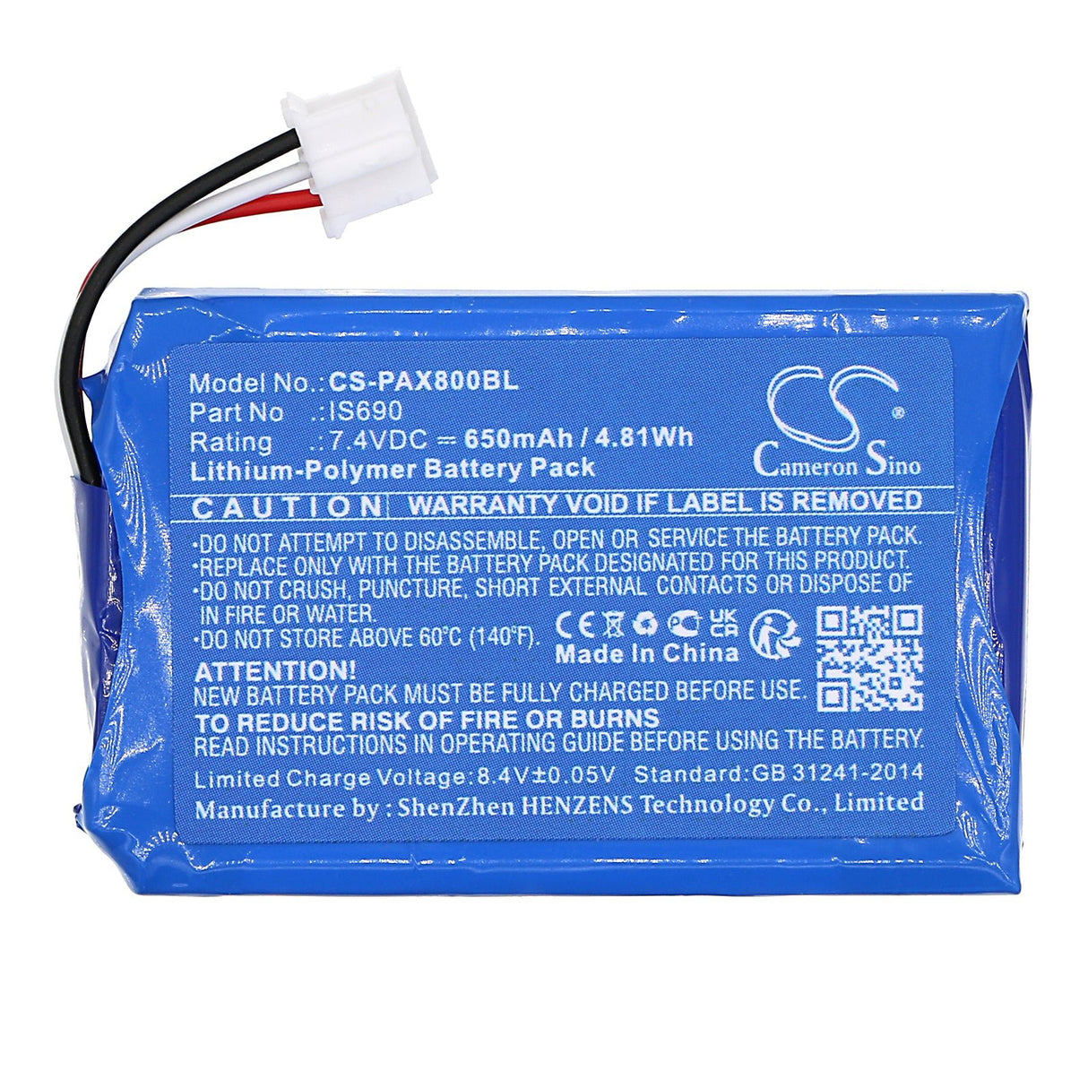 7.4V, Li-Polymère, 650mAh, Batterie pour terminal de paiement compatible avec Pax, Is690, Q80, 4.81Wh Terminal de paiement Cameron Sino Technology Limited