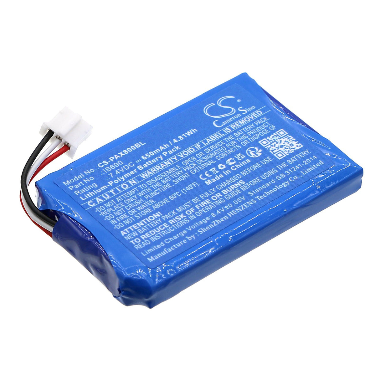 7.4V, Li-Polymère, 650mAh, Batterie pour terminal de paiement compatible avec Pax, Is690, Q80, 4.81Wh Terminal de paiement Cameron Sino Technology Limited