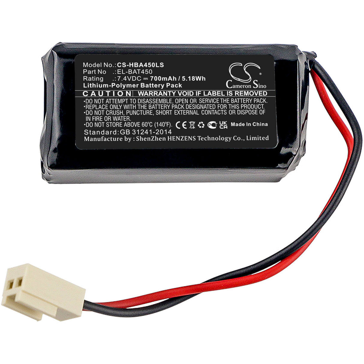 7.4V, Li-Polymer, 700mAh, batterie d'éclairage d'urgence compatible avec Hochiki, El-bat450, panneaux de sortie, luminaires Firescape, 5.18Wh Éclairage d'urgence Cameron Sino Technology Limited