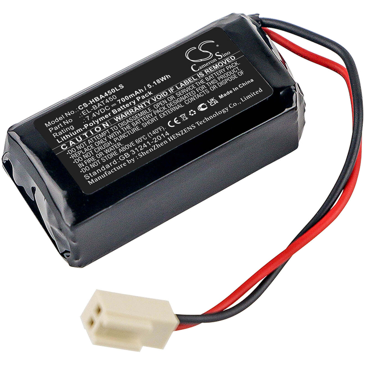 7.4V, Li-Polymer, 700mAh, batterie d'éclairage d'urgence compatible avec Hochiki, El-bat450, panneaux de sortie, luminaires Firescape, 5.18Wh Éclairage d'urgence Cameron Sino Technology Limited