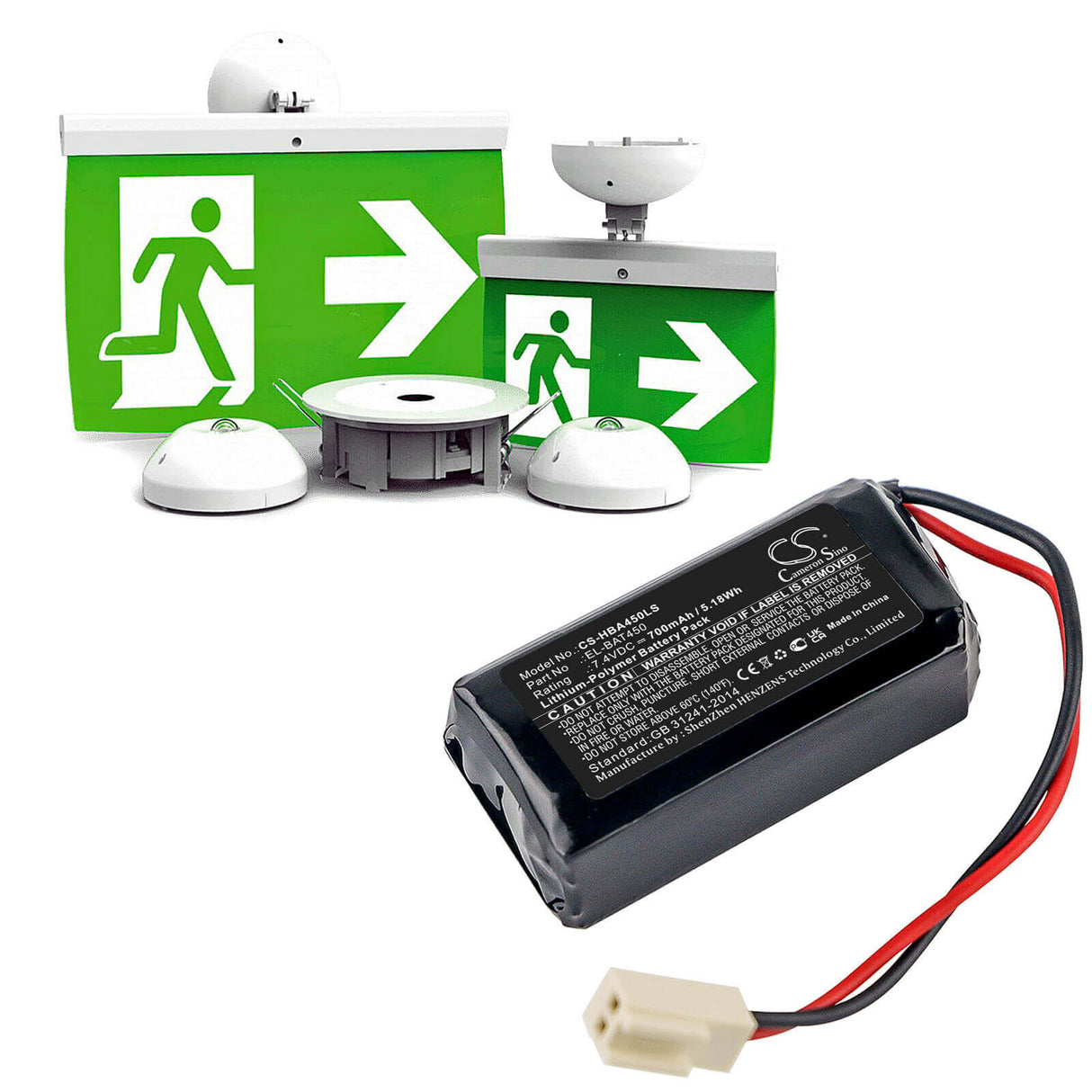 7.4V, Li-Polymer, 700mAh, batterie d'éclairage d'urgence compatible avec Hochiki, El-bat450, panneaux de sortie, luminaires Firescape, 5.18Wh Éclairage d'urgence Cameron Sino Technology Limited