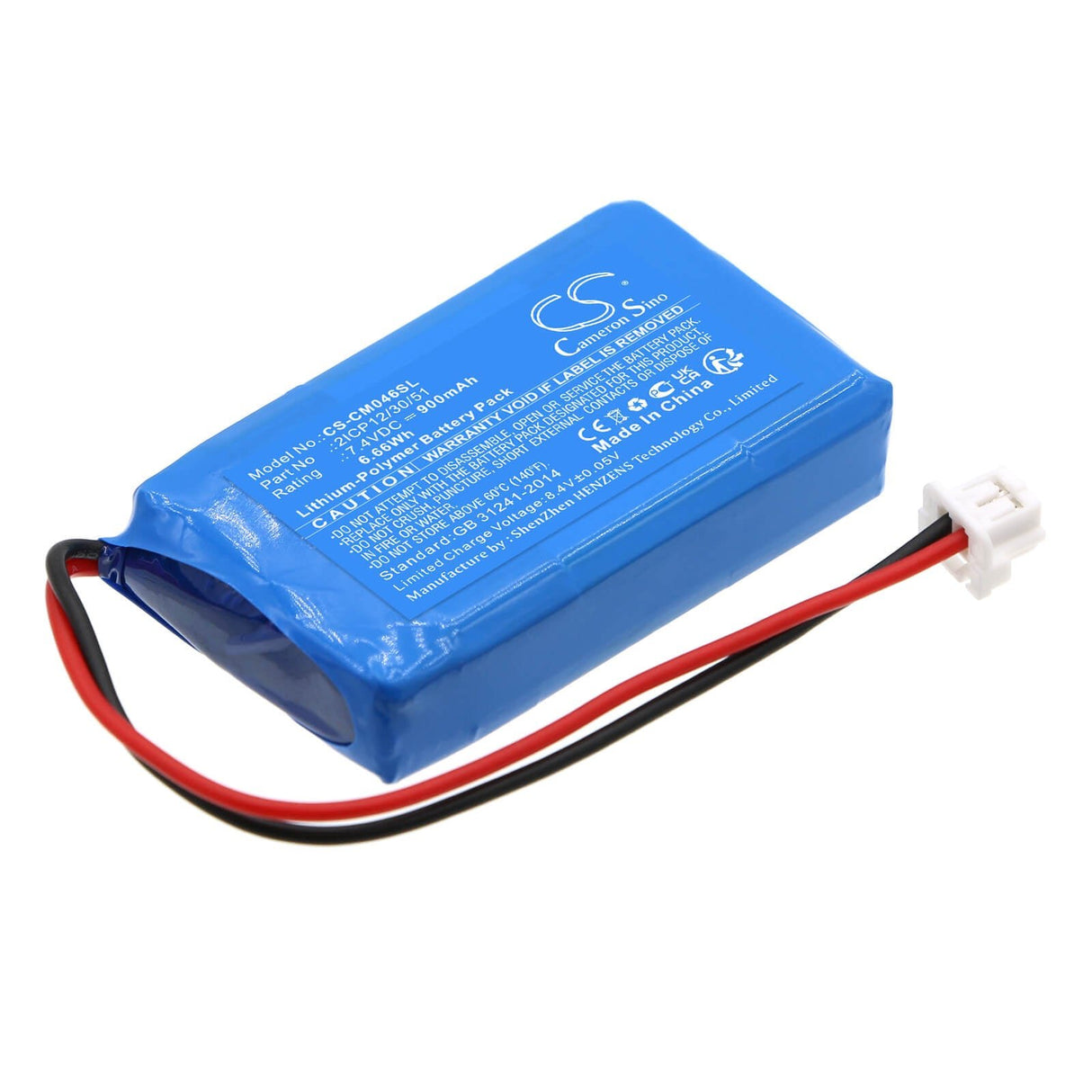 7.4V, Li-Polymer, 900mAh, Battery Pack battery fits Custom Battery Packs, 2icp12/30/51, 6.66Wh Battery Pack Cameron Sino Technology Limited