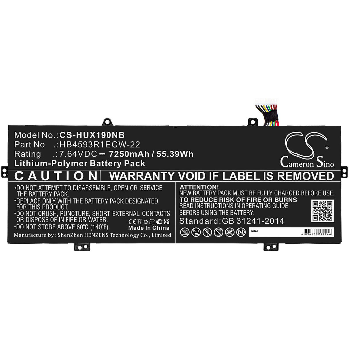 7.64v, Li-ion, 7250mah, Battery Fit's Huawei, Mach-w19l, Matebook X Pro 2020, Vlt-w60, 55.39wh Notebook, Laptop Cameron Sino Technology Limited