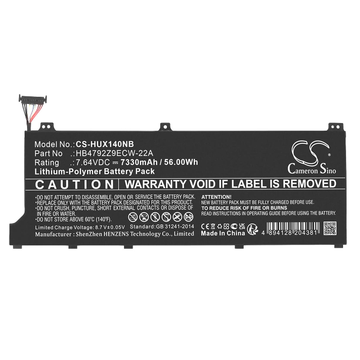 7.64v, Li-polymer, 7330mah, Notebook battery Fits Honor Magicbook 14 I7-1165g7, Magicbook X14, 56.00wh Notebook, Laptop Cameron Sino Technology Limited