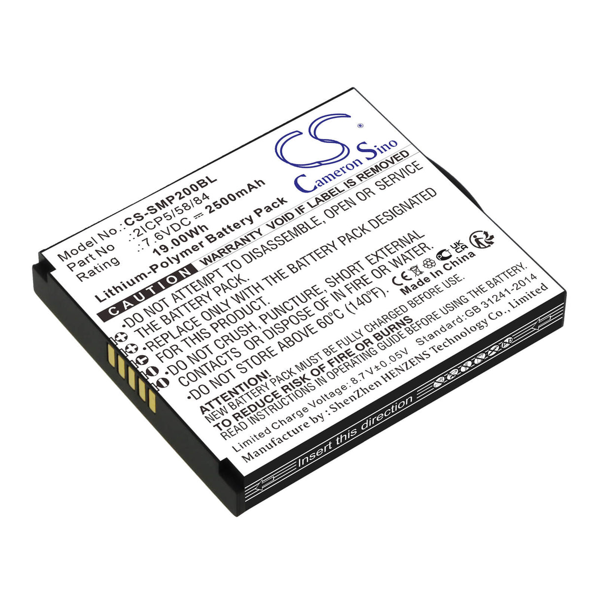 7.6V, Li-Polymer, 2500mAh, Batterie de terminal de paiement compatible Sunmi, 2icp5/58/84, P2, T6900, 19.00Wh Terminal de paiement Cameron Sino Technology Limited