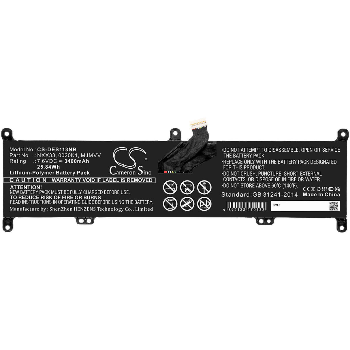 7.6v, Li-polymer, 3400mah, Battery Fit's Dell, Inspiron 11 3195 2-in-1, 25.84wh Notebook, Laptop Cameron Sino Technology Limited