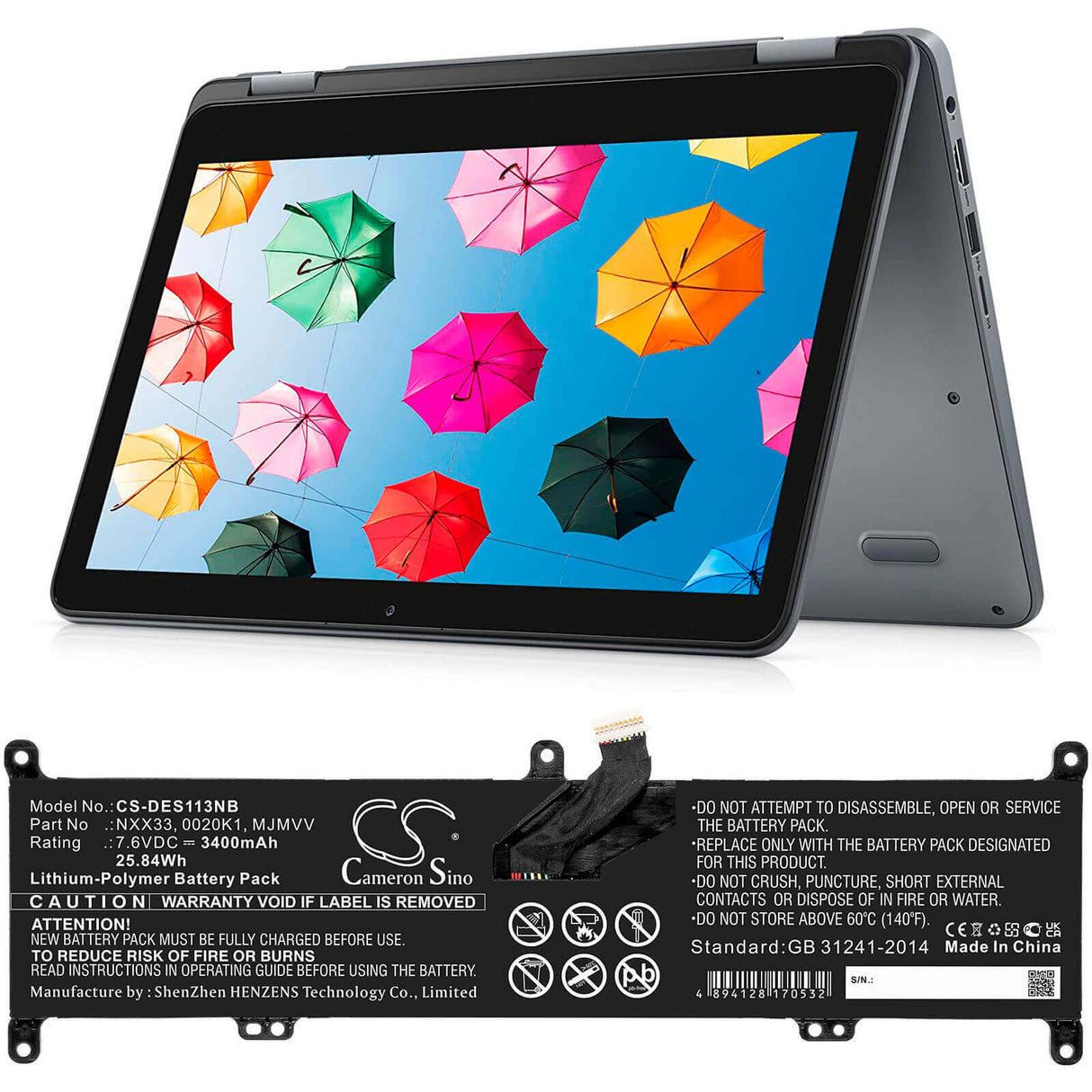 7.6v, Li-polymer, 3400mah, Battery Fit's Dell, Inspiron 11 3195 2-in-1, 25.84wh Notebook, Laptop Cameron Sino Technology Limited