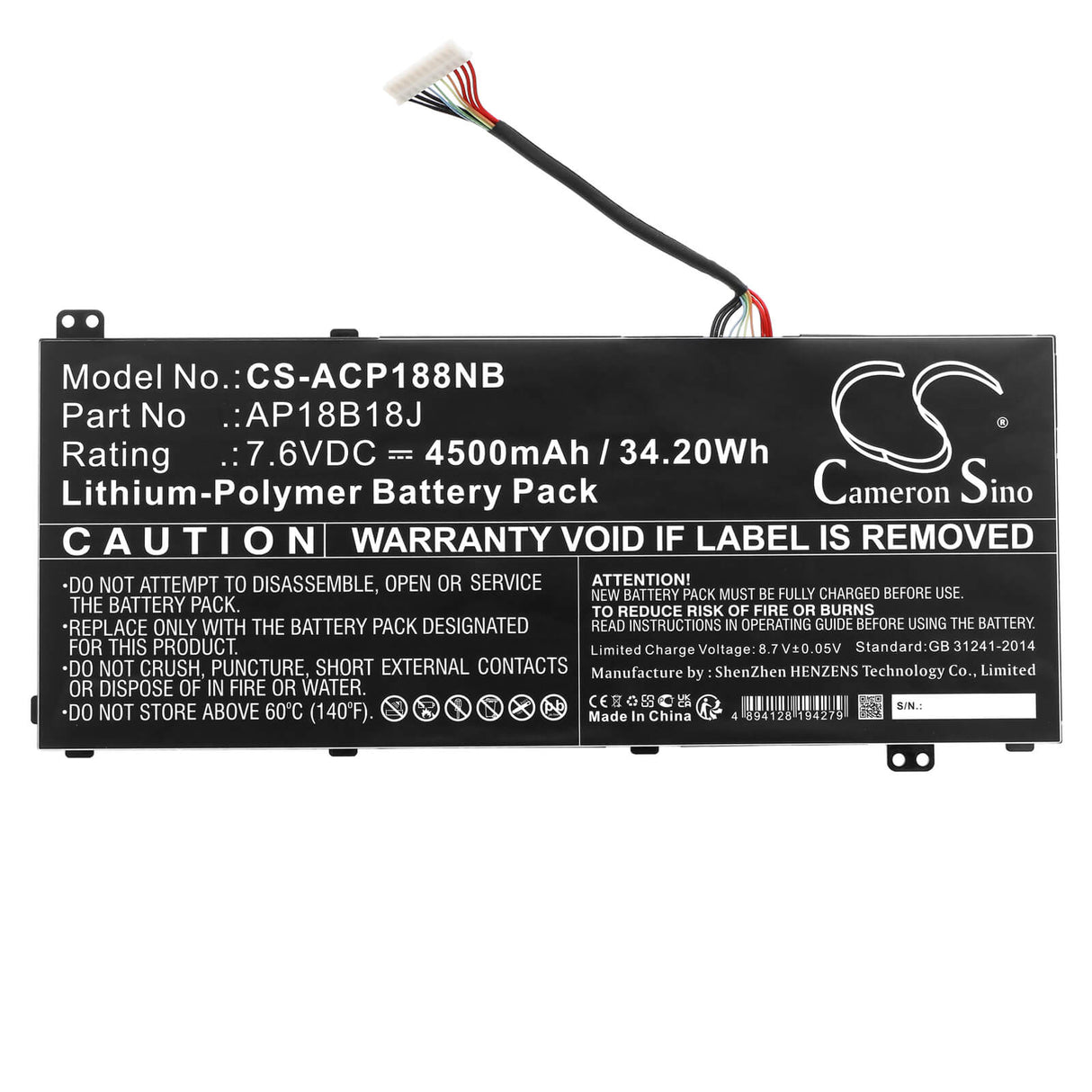 7.6v, Li-polymer, 4500mah, Battery Fits Acer, Aspire 3 A314-32, Aspire 3 A314-32-33, 34.20wh Notebook, Laptop Cameron Sino Technology Limited